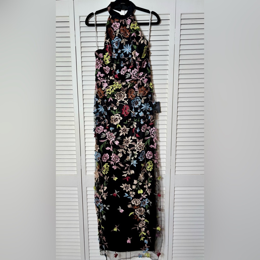 NWT Lulus Infinite Praise Black 3D Floral Embroidered Halter Maxi Dress S , L - Picture 5 of 8